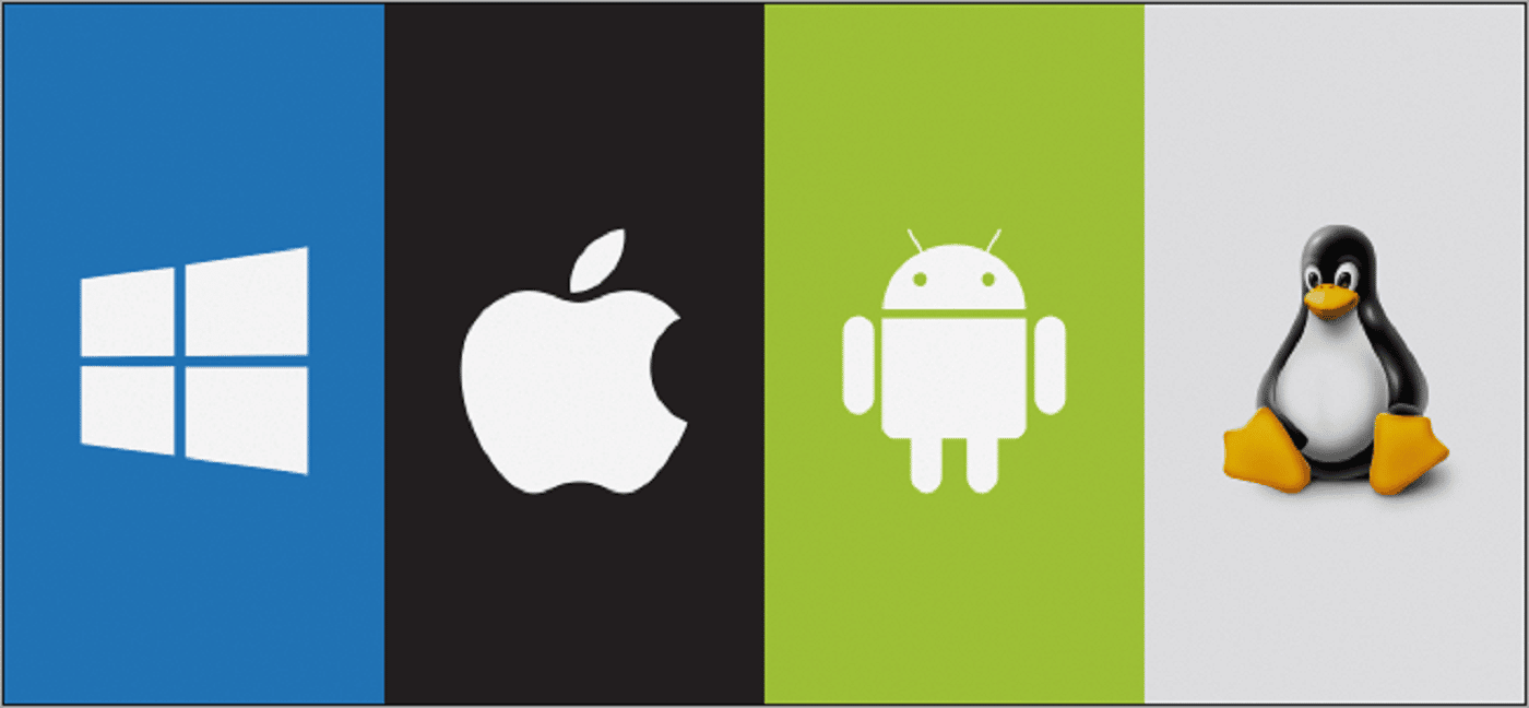 Изображение логотипов 4 операционных систем, поддерживаемых Python. Первый - Windows, второй - Apple, третий - Android, а четвертый - Linux. 