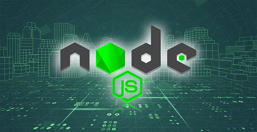Изображение с абстрактным зеленым фоном и официальным Node.js логотип в его центре.