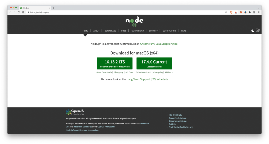 Node.js домашняя страница веб-сайта, на которой показаны две зеленые кнопки загрузки для пользователей macOS.